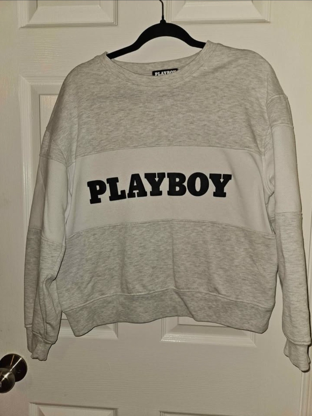 2/$20 PLAYBOY Light Gray and White Crewneck Sweatshirt with Black Logo